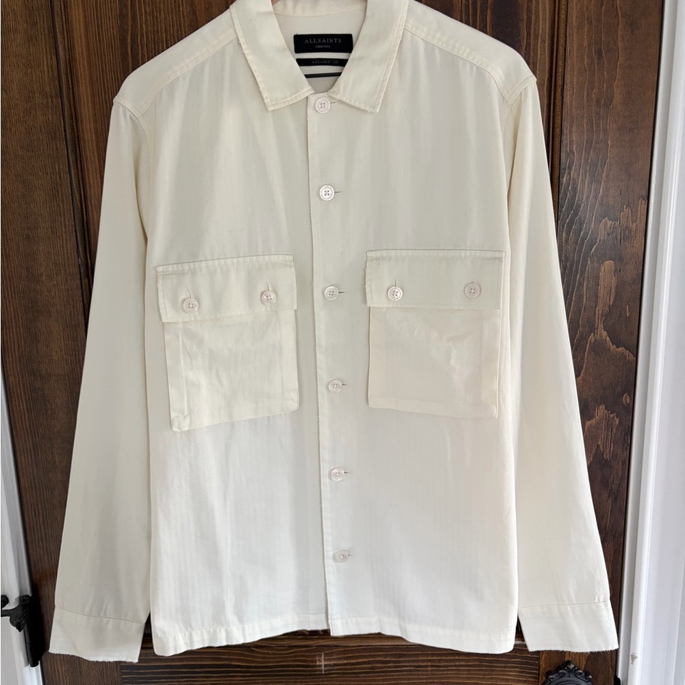 All Saints Men's Off-White Herringbone Cotton Twill Shirt Jacket Overshirt
